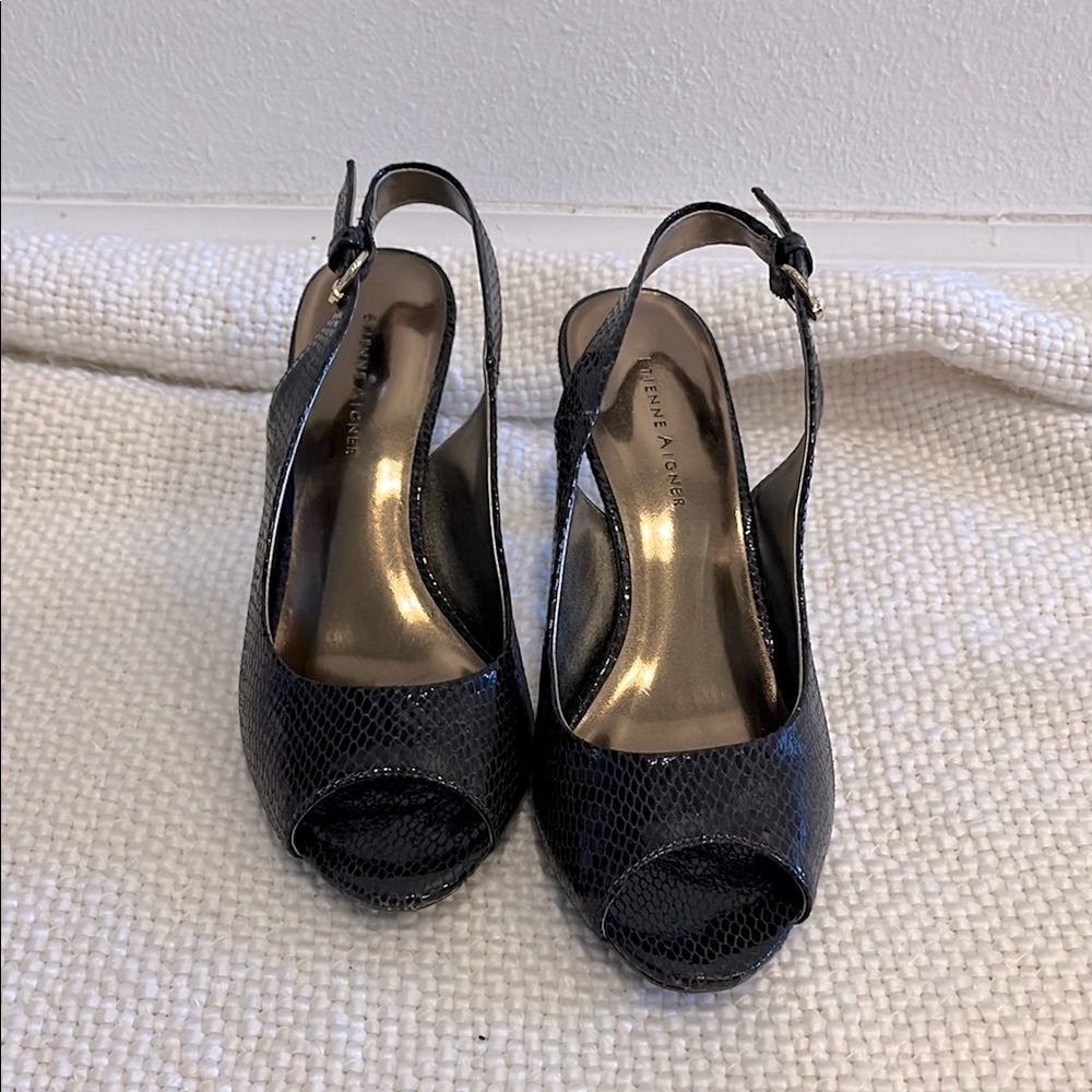 Etienne Aigner Black Snake Skin Peep-Toe Slingback 3”Heels